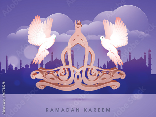 3D arabic calligraphy text of Ramadan Kareem with cute pigeon on mosque silhouette cloudy background for islamic holy month of prayer celebration.
