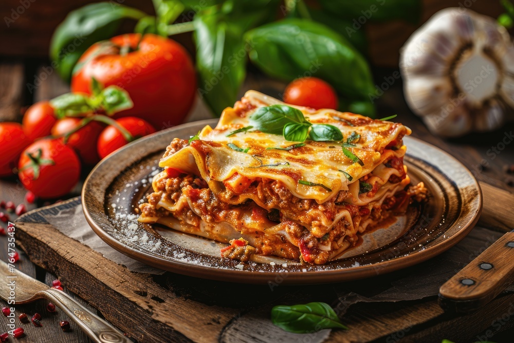 Traditional lasagna with minced meat and vegetables on a wooden table. Traditional lasagna with minced meat and vegetables on a wooden table.