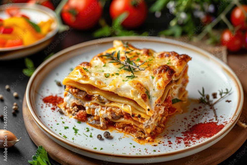 Traditional lasagna with minced meat and vegetables on a wooden table. Traditional lasagna with minced meat and vegetables on a wooden table.