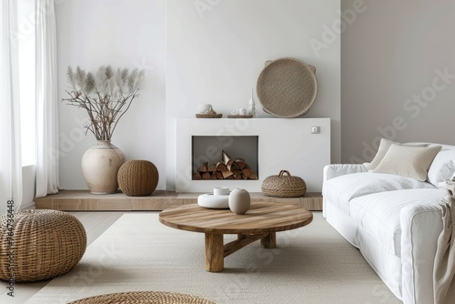 Light interior in Scandinavian style. Cozy living room with a fireplace and modern furniture.