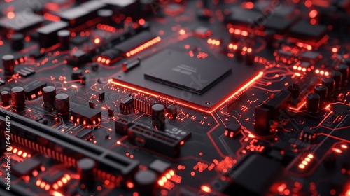 Close-up view of a high-tech motherboard with glowing red circuits, symbolizing cutting-edge electronics.