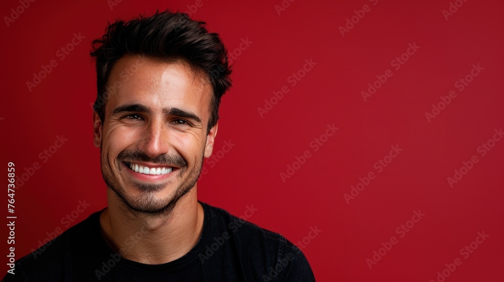 Obraz premium Warm Smile, Modern Style: Man in White Tee Radiates Against Red Generative AI