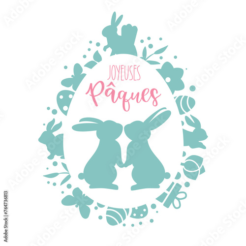 Carte de Joyeuses Pâques en français - Joyeuses Paques écrivent. Vecteur illustration avec calligraphie - turquoise