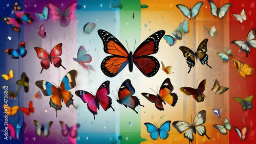 butterflies in the corner of the background with text empty space in the middle with colorful design on the background in orange red and different color card decoration and design 