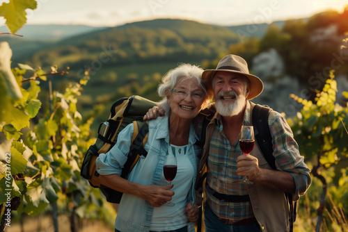 Wine tasing: Cheerful senior couple with wine glasses in a vineyard (A.I.-generated) photo