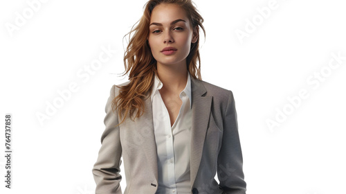 A radiant young woman exuding confidence and charm in a pristine suit, her magnetic presence and impeccable fashion sense