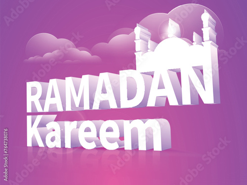 3D text Ramadan Kareem with islamic mosque on cloudy colorful background for holy month of muslim community festival celebration.