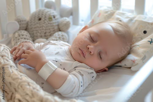 Baby sleeping with a wearable electronic device to monitor breathing and oxygen level 