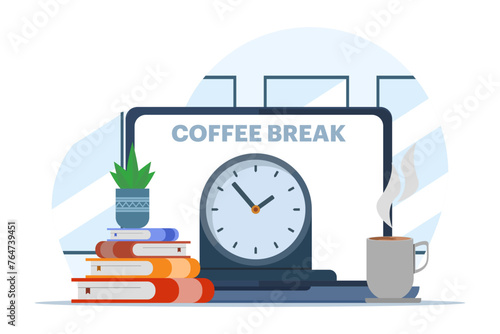 concept of coffee break, work break, health benefits of body, mind and emotions, thought process, start and idea search vector, flat vector illustration on white background.