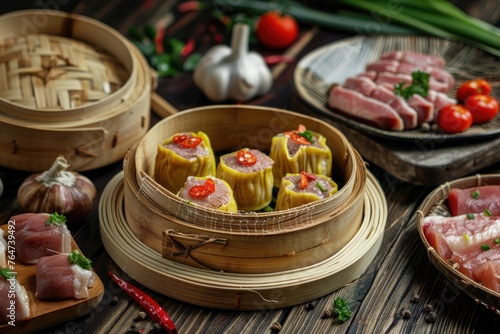 Chinese steamed dumpling dim sum in bamboo basket on table