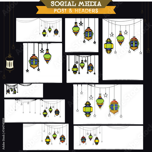 Social media and marketing headers, posts, ads or banners with colorful hanging lanterns or lamps for holy month of muslim community, Ramadan Kareem celebration.
