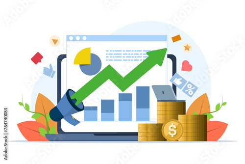 Concept of targeting, marketing, People involved in PR. Successful work on the Internet and office. Concept of journalism, advertising, online advertising in flat design on white background.