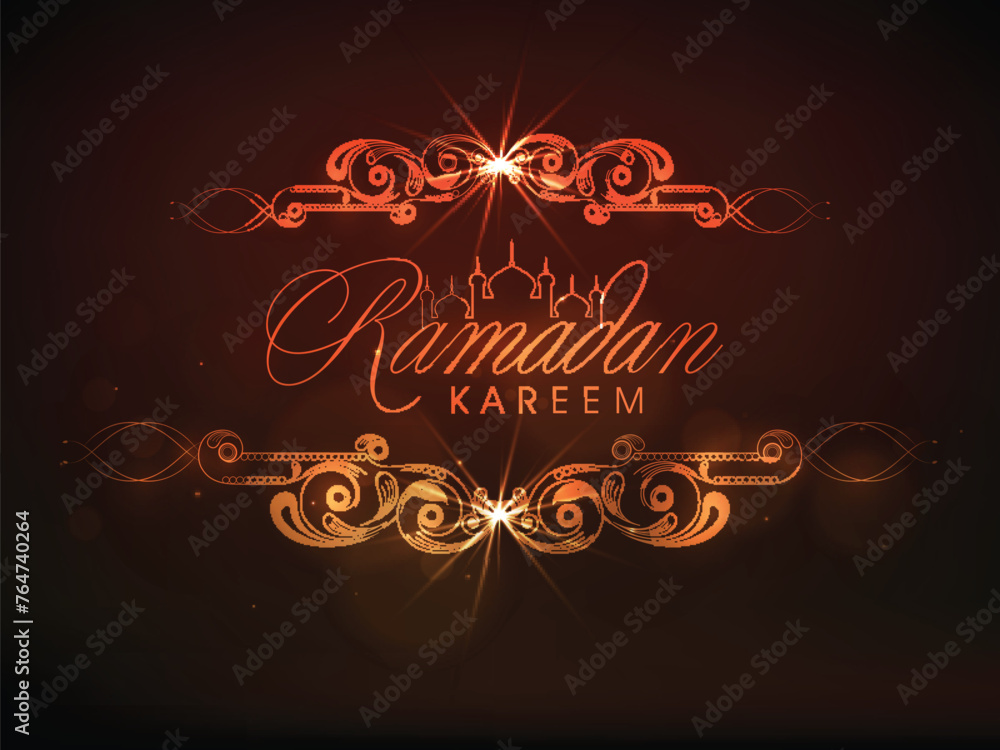 Stylish golden text Ramadan Kareem with islamic mosque and shiny floral pattern for Muslim community festival celebration, can be used as poster, banner or flyer design.