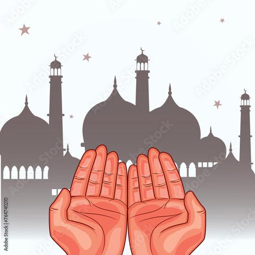 Illustration of human hand praying in front of islamic mosque for muslim community, holy month of prayer, Ramadan Kareem celebration.