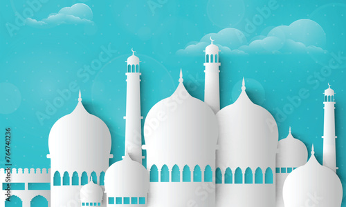 Creative islamic mosque made by paper cutout for holy month of muslim community, Ramadan Kareem celebration.