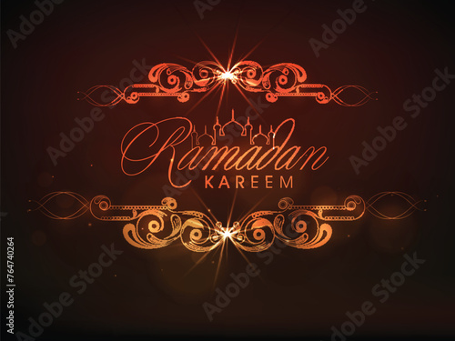 Stylish golden text Ramadan Kareem with islamic mosque and shiny floral pattern for Muslim community festival celebration, can be used as poster, banner or flyer design.