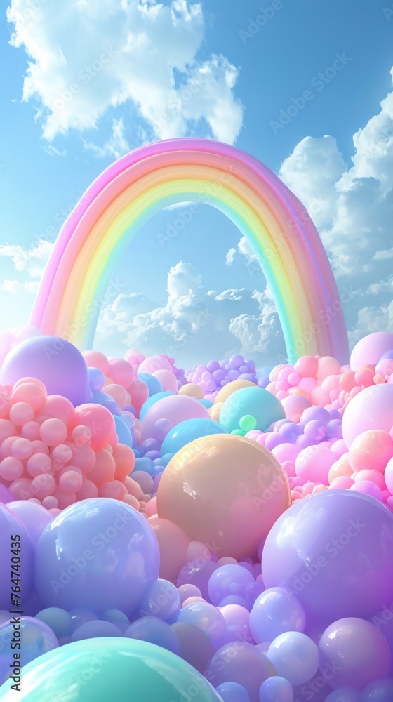 3D pastel rainbows curve around balloon like clouds creating a depth filled kids panorama 3D pastel rainbows curve around balloon like clouds creating a depth filled kids panorama