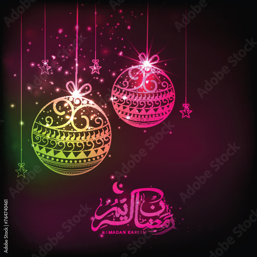 Muslim community festival celebration with decorative shiny hanging balls, stars and arabic calligraphy of text Ramazan Kareem (Ramadan Kareem) on shiny brown background.
