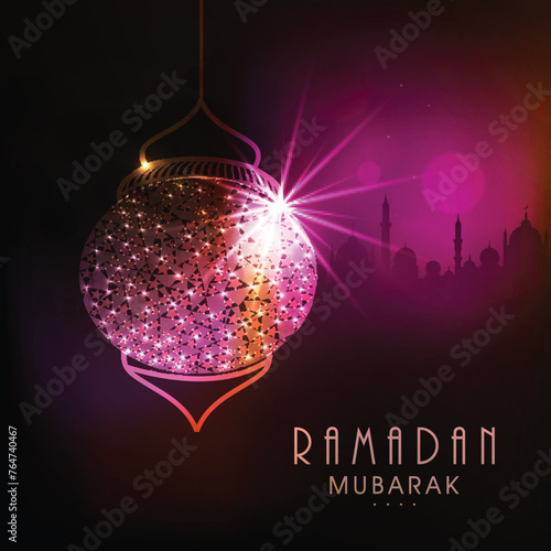 Shiny golden hanging Arabic lamp with wishing text Ramadan Mubarak on Islamic Mosque silhouette background for Muslim community festival celebration.