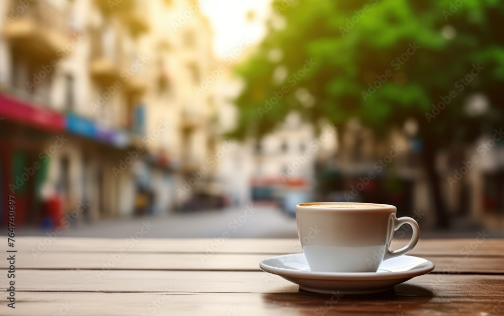 Blurred street background with a cup of coffee on a tabletop Blurred street background with a cup of coffee on a tabletop