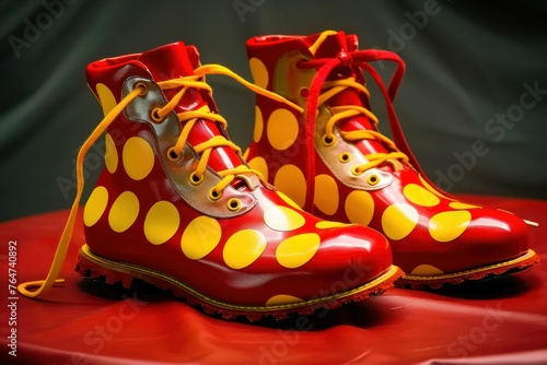 Bright red and yellow clown shoes for circus performances