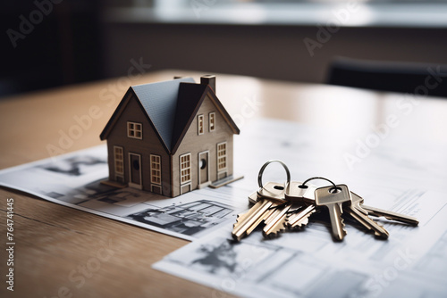 Image of keys on top of a modern table with a small modern style house behind сreated with Generative Ai © Andrii Yablonskyi