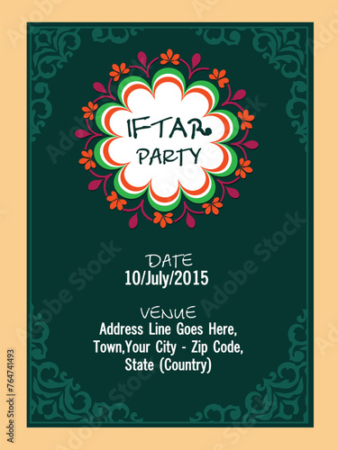 Beautiful invitation card with date, time and place details for holy month of Muslim community, Ramadan Kareem Iftar party celebration.