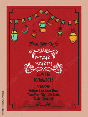 Holy month of Muslim community, Ramadan Kareem Iftar party celebration invitation card with Arabic colorful lamps or Islamic mosque.
