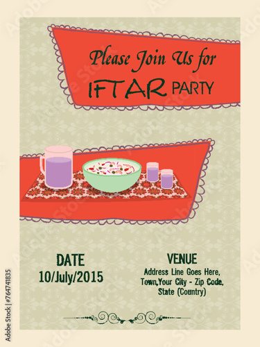 Holy month of Muslim community, Ramadan Kareem Iftar party celebration invitation card with date, time and place details.