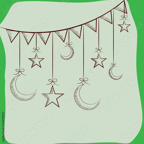 Holy month of Muslim community, Ramadan Kareem celebration with creative moon and stars hanging by bunting.