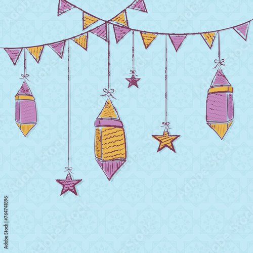 Holy month of Muslim community, Ramadan Kareem celebration greeting card with colorful hanging Arabic lamps.