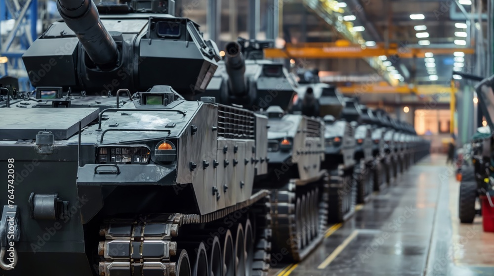 A line of modern tanks in a production facility emphasizing defense manufacturing.