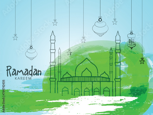 Stylish Mosque with hanging lanterns and stars for holy month of muslim community Ramadan Kareem.