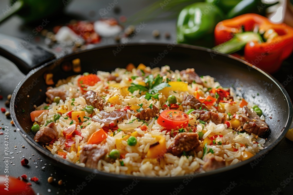 Fried rice with vegetables and meat in a frying pan