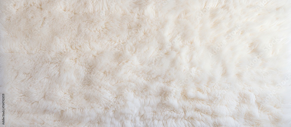 A luxurious and soft white sheepskin rug displayed elegantly on a clean and neutral white background A luxurious and soft white sheepskin rug displayed elegantly on a clean and neutral white background