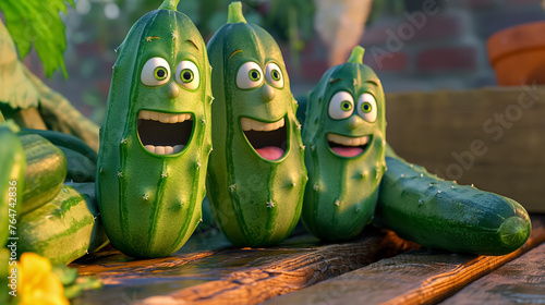 Cucumbers with faces on a bench.