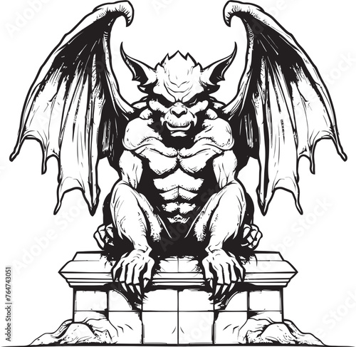 Stone Watcher Gargoyle Full Body Statue Vector Design Guardian of the Night Vector Gargoyle Full Body Statue Illustration