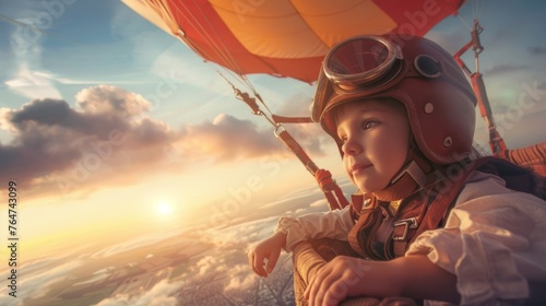 A young boy wearing a helmet and goggles is standing in a hot air balloon, looking out at the surrounding scenery.