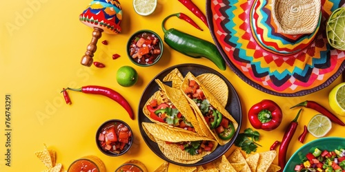 Cinco de Mayo flat lay on a bright yellow backdrop. AI Generated