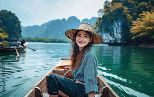 happy young woman tourist on the boat at lake