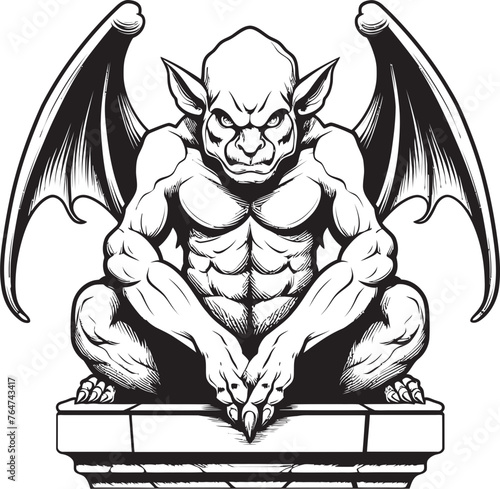 Carved Protector Vector Artwork Depicting Gargoyle Full Body Statue Guardian of Shadows Vector Logo and Design Featuring Full Body Statue