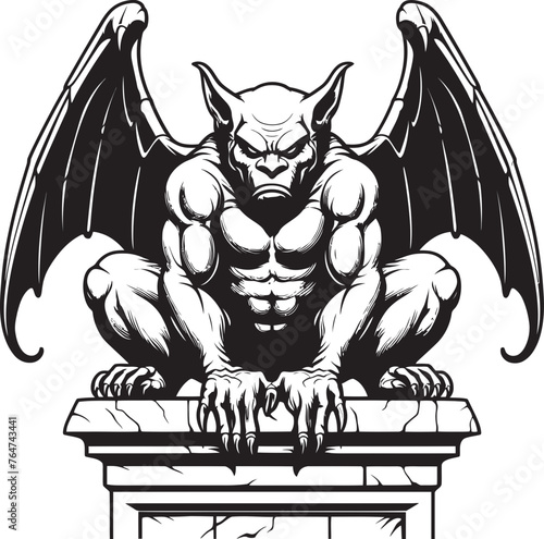 Sentinel of Stone Vector Logo and Design of Gargoyle Full Body Statue Winged Guardian Vector Illustration Featuring Gargoyle Full Body Statue