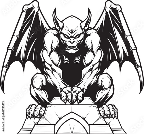 Winged Watcher Vector Illustration Featuring Gargoyle Full Body Statue Haunting Sentinel Vector Art Depicting Gargoyle Full Body Statue