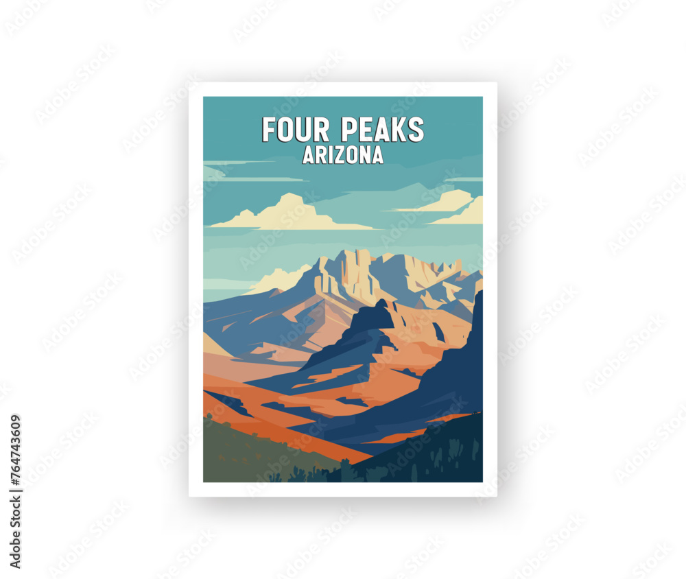 Four Peaks, Arizona Illustration Art. Travel Poster Wall Art. Minimalist Vector art