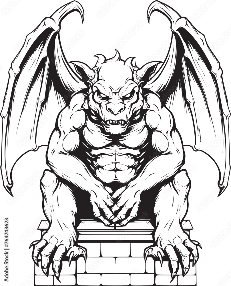 Fototapeta premium Ancient Watcher Vector Logo and Design Featuring Gargoyle Full Body Statue Winged Sentinel Vector Icon of Gargoyle Full Body Statue