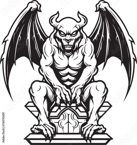 Stone Warden Vector Logo and Design Featuring Gargoyle Full Body Statue Guardian of the Night Vector Gargoyle Full Body Statue Logo and Design