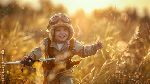 A young boy stands in a field, holding a plane Toy in his hand. He gazes ahead, surrounded by tall grass and a clear sky. photo
