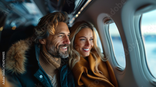 Smiling couple looking out of an airplane window.