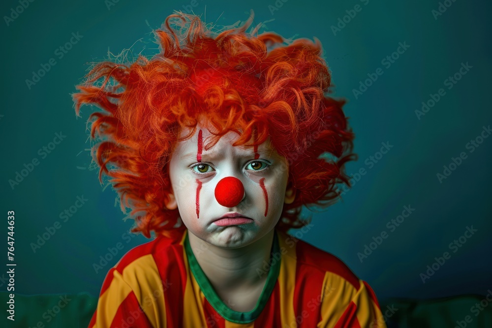 Portrait of sad boy in clown costume with red nose in red wig