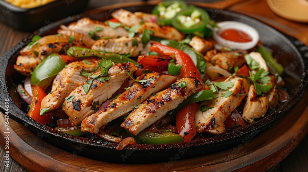 A sizzling plate of chicken fajitas with tender strips of grilled chicken sauted peppers and onions warm tortillas and an assortment of fresh toppings and sauces A sizzling plate of chicken fajitas with tender strips of grilled chicken sauted peppers and onions warm tortillas and an assortment of fresh toppings and sauces